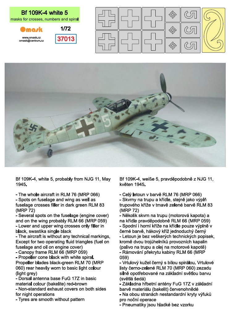 37013 1/72 Bf 109K-4 white 5 (masks for crosses, numbers and spiral)